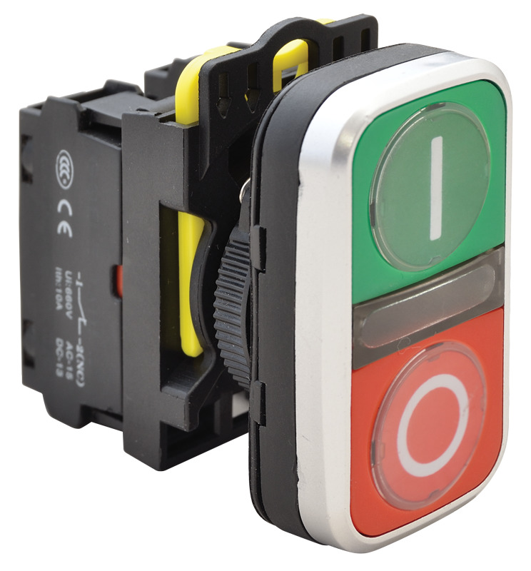 BUTON DUBLU PORNIT OPRIT I-O 1×NO+1×NC, 5A/230V  IP65 ROSU-VERDE